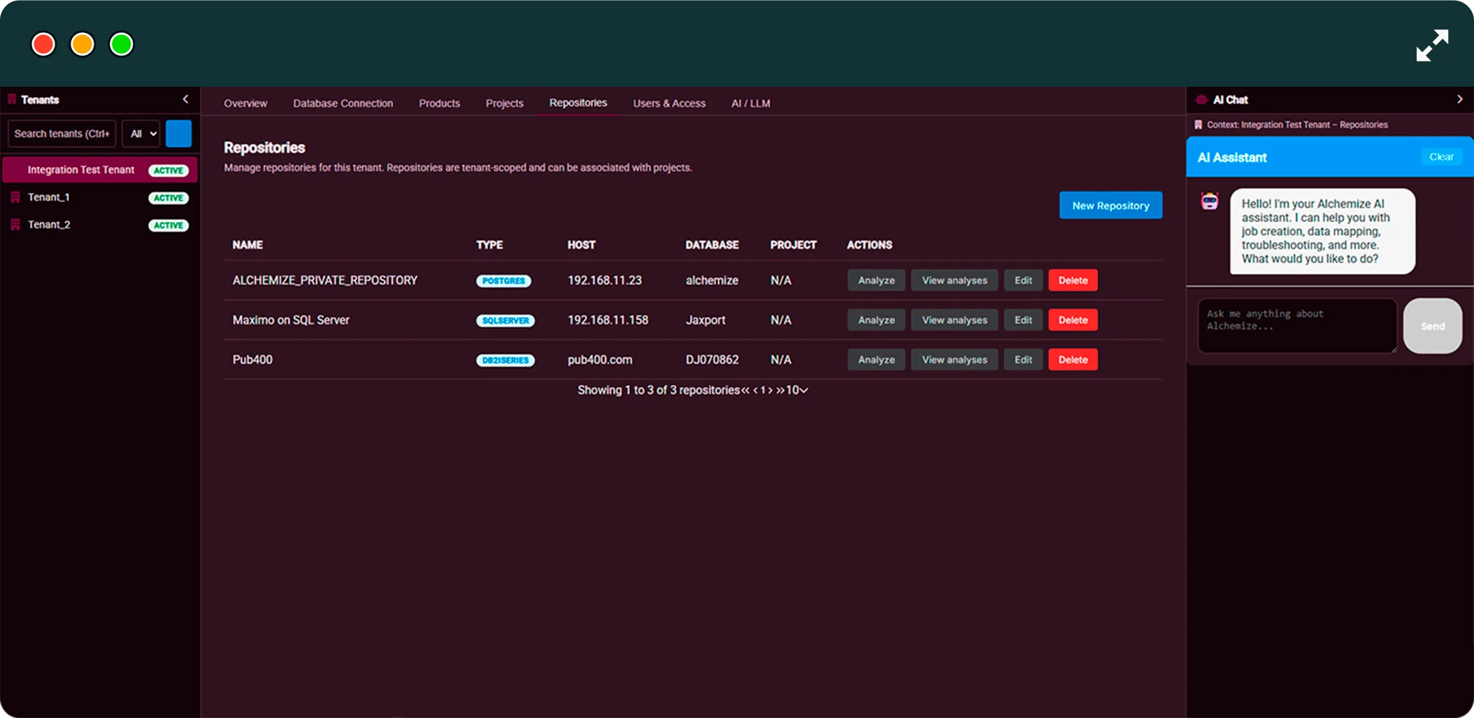 Tenant repositories screen in Alchemize Suite