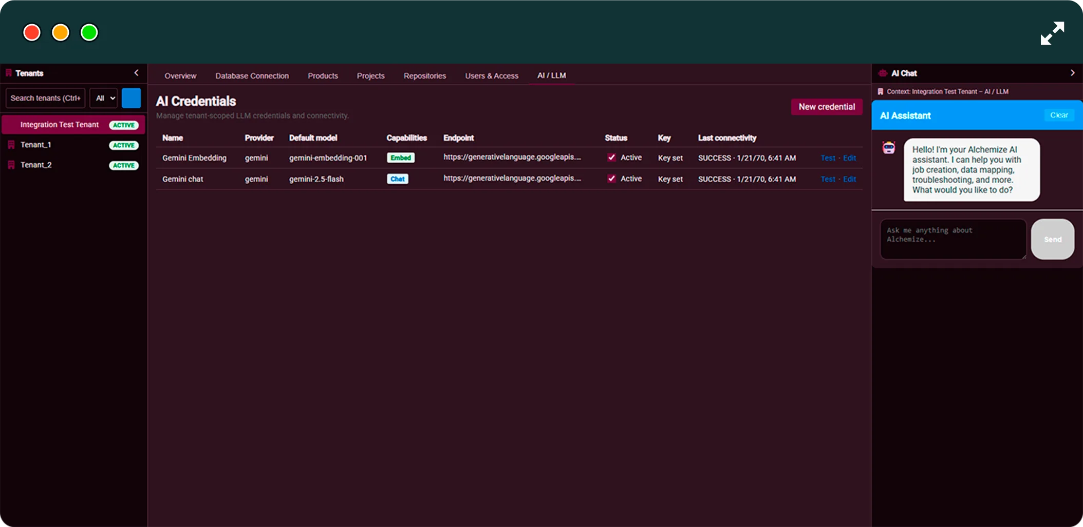 AI credentials screen in Alchemize Suite